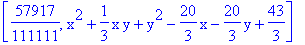 [57917/111111, x^2+1/3*x*y+y^2-20/3*x-20/3*y+43/3]